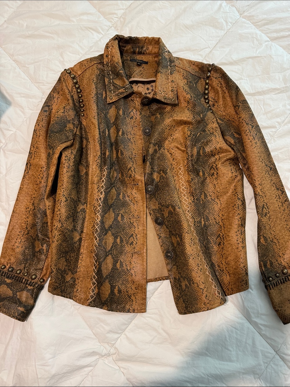 Reba Brown Snake-Print Studded Faux-Leather Jacket